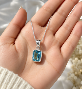 Natural Blue Topaz Pendant 925 Sterling <b>Silver</b> Handmade Gemstone Pendant Chain <b>Necklace</b> Statement Jewelry Third Party Certified - Product Image 1