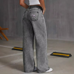Spring Women Baggy Jeans Casual Bow Embroidered Jeans Women High Waist Straight Leg Pants for Ladies - Product Image 2