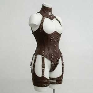 Ensemble de Lingerie Gothique Punk Sexy en Cuir Premium avec Corset à Lacets, Soutien-Gorge Cage, Collier Ras du Cou et Sangles de Cuisses – Grande Taille - Product Image 5