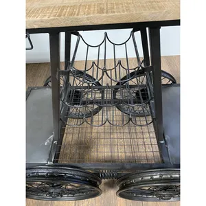 Chariot roulant vintage en métal avec plateau en bois et porte-bouteilles en fil métallique, chariot de rangement de style industriel pour cuisine ou bar - Product Image 2