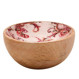 ชามไม้ทำมือพรีเมียมลายดอกไม้สีแดง ขนาดเส้นผ่านศูนย์กลาง 6 นิ้ว จานเสิร์ฟทรงกลม สไตล์โบฮีเมียน ภาชนะตกแต่งโต๊ะอาหาร - Product Image 3