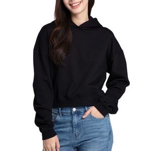 Sweat-shirt à capuche court unisexe noir, coupe oversize, manches classiques, couleur unie, décontracté, en coton tricoté French Terry, style automne - Product Image 1