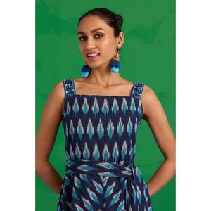 Vestido midi azul sin mangas con estampado Ikat para mujer, con lazo en la cintura, informal, de algodón, estilo étnico. - Product Image 2