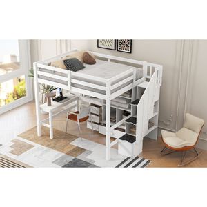 Cama alta blanca de tamaño completo con escritorio en forma de L, cajones, armario de almacenamiento y escalera de madera - Product Image 6