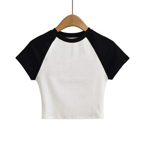 Women's Contrast <b>Raglan</b> Sleeve Crop <b>Top</b> Premium Cotton Crew Neck Short Sleeve Casual Summer Wear Custom Logo crop <b>top</b> for women - Product Image 1