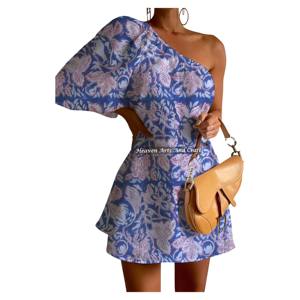 Vestido de Moda al por Mayor para Mujer y Niña, de un Solo Hombro con Manga Abullonada, Elegante, Personalizado, Asimétrico, de Algodón - Product Image 2