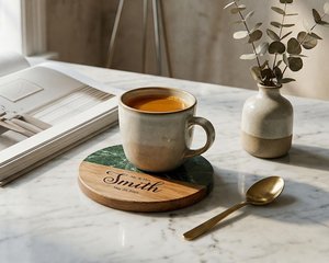 Posavasos Personalizado de Mármol y Madera con Forma Hexagonal Redonda y Patrón Grabado para Decoración del Hogar, Hotel o Restaurante por UO - Product Image 1