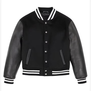 Chaqueta Varsity Negra con Mangas de Cuero Sintético, Chaqueta Bomber Premium con Botones a Presión, Ropa de Calle - Product Image 5