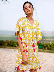 Jolie robe caftan écologique Sunshine bloc à la main imprimé 100% coton col en v à fleurs coupe ample taille naturelle haut d'été - Product Image 2