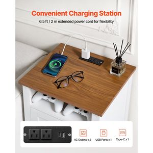 Comodino in Stile Rustico con Stazione di Ricarica, 2 Cassetti e Ripiano Aperto, Tavolino d'Appoggio Rustico, Mobile Contenitore per Camera da Letto e Soggiorno - Product Image 5