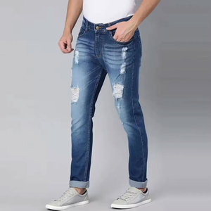 Jean décontracté pour homme, coupe slim, en denim de coton, délavé, avec poche décorative à étiquette, style droit mi-hauteur, logo imprimé à la taille - Product Image 6