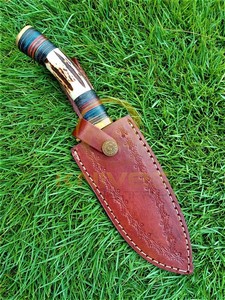 Couteau de chasse à lame fixe en acier Damas personnalisé OEM avec manche en corne de cerf, couteau de survie et de bushcraft ultra-affûté, étui en cuir - Product Image 6
