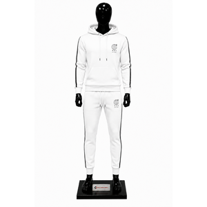 Conjunto Deportivo para Hombre, Color Blanco, con Logotipo Personalizado, Sudadera con Capucha, Pantalones Deportivos con Franja Lateral Negra, Ropa Deportiva Informal, Venta al Por Mayor - Product Image 1