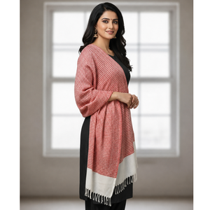 <b>Pink</b> Striped Winter Wool Fouta Shawl <b>Wrap</b> Kimono Style Scarf with Tassel Trim Breathable for Beach and Daily Wear - Product Image 1