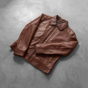 <b>Men's</b> <b>Brown</b> Genuine <b>Leather</b> Moto <b>Jacket</b> Turn-down Collar Zipper Closure Slim Fit Regular Sleeve Solid Color Autumn Wear trending - Product Image 6
