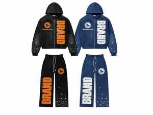 Ensemble sweat à capuche et pantalon de survêtement évasé pour homme, personnalisé, effet délavé à l'acide, brodé, style streetwear vintage, en coton épais, avec fermeture éclair - Product Image 1