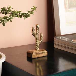 L 7.11 x W 4.06 x H 12.19 cm Gold Plated Cactus Sculpture On Wooden Base Handmade Bohemian Tabletop Decor Living Room Art <b>Figure</b> - Product Image 5