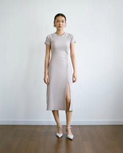 เดรสผู้หญิงทรงเข้ารูป แขนเสื้อแบบแร็กแลน ผ้าเจอร์ซีย์ ผ่าหน้า ผ้ายืดโพลีวิสโคสแปนเด็กซ์ สวมใส่สบาย ทรงตรง ยาวแบบแม็กซี่ สีพื้น ระบายอากาศได้ดี - Product Image 1