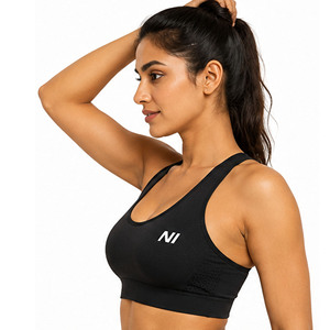 OEM Women Seamless Sports Bra Scoop Neck Racerback Zipper Front Medium Support Breathable Fitness Workout Wear Solid Black - Product Image 4