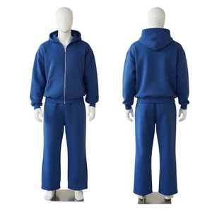 Ensemble de survêtement unisexe en coton bleu à capuche avec fermeture éclair, manches longues, couleur unie, sweat-shirt et pantalon décontractés pour adultes, vêtements d'automne - Product Image 3