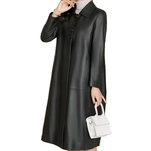 En stock chaqueta de cuero para mujer, abrigo suelto de piel de oveja, gabardina larga de cuero genuino, tops de ocio, primavera y otoño, - Product Image 1