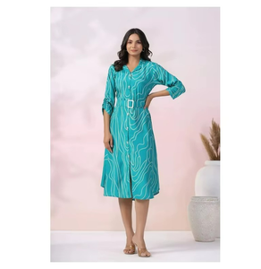 Vestido de Seda Rusa de Alta Gama, Ecológico y Lavable, con Estampado Floral Turquesa, Diseño con Cinturón Personalizado, Tela Suave y Lisa, Lujoso para el Verano - Product Image 6