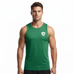 Men's <b>Green</b> Sleeveless <b>Tank</b> <b>Top</b> O-Neck Solid Breathable Quick Dry Knitted Polyester/Cotton Casual Wear Front Logo - Product Image 3
