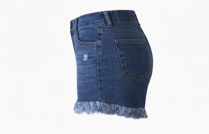 Shorts de mezclilla rasgados de cintura alta para mujer, transpirables, con bordado floral y borde con flecos, elásticos, lavados, pantalones cortos de verano. - Product Image 2