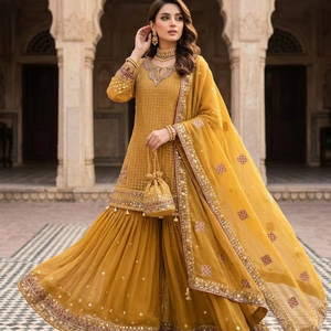 Garara de chifón bordado de 3 piezas, bordado por delante y por detrás, con dupatta de chifón bordado y garara de chifón bordado. - Product Image 1