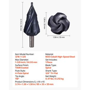 Punta da trapano multiuso in acciaio cobalto ad alta velocità da 3/16 1-3/8 pollici con rivestimento TiAlN, quattro scanalature a spirale e codolo triangolare - Product Image 4