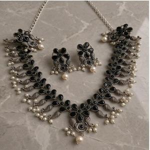 DIVYORO Women's Oxidized <b>Silver</b> Zircon Floral <b>Choker</b> and Earrings Set-Adjustable Length for Wedding Occasions - Product Image 2