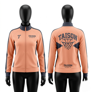 Premium 280 GSM polyester fleece basketball <b>jacket</b> <b>pink</b> navy contrast panels full zip custom heat transfer logo - Product Image 2