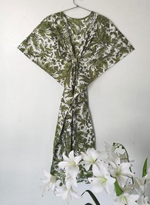 Women’s Boho V-Neck Tropical Leaf Hand Print <b>Kaftan</b> Dress Olive Green Cotton Loose Fit <b>Summer</b> Beach Dress - Product Image 2