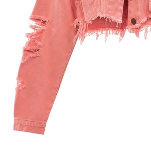 Pink Distressed Denim Cropped Bolero <b>Jacket</b> Women Long Sleeve Casual Outerwear Fashion Short <b>Jacket</b> Streetwear Trendy Apparel - Product Image 3