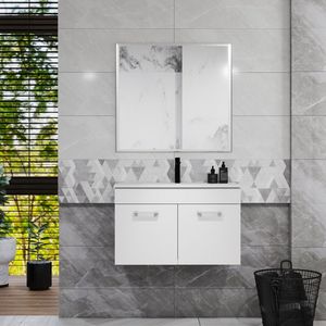 Mobile Bagno Sospeso da 32 Pollici con Lavabo e Specchio, Doppia Anta, Telaio in Alluminio Argento - Serie C-Bathroom - Product Image 1
