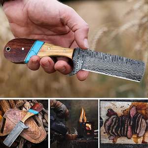 Cuchillo de vaquero forjado a mano de acero de Damasco, personalizado OEM, de espiga completa, hoja fija EDC, mango de madera con funda de cuero tipo pancake - Product Image 5