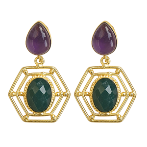 Pendientes hexagonales chapados en oro vintage con amatista y piedra verde para mujer, joyería de fiesta - Product Image 1