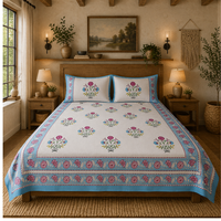 Parure de draps King Size Jaipur imprimée à la main, motif floral classique, 100% coton, 3 pièces, 200 fils, toutes saisons, écologique et durable