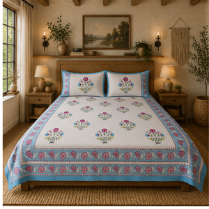 Jaipur Hand Block Printed Floral <b>King</b> <b>Size</b> Bed <b>Sheet</b> Set 100% Cotton 3 Pcs 200TC All Season Eco-Friendly Durable Breathable Home - Product Image 5