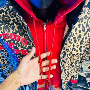 Sweat à capuche zippé pour homme, double épaisseur, motif léopard, avec broderie et appliqué patchwork vieilli imprimé - Product Image 5