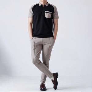 Top Design Men Color block Polo Shirt & <b>Pants</b> Set Black-Beige Contrast Design Casual Two-Piece Outfit Manufactured Tracksuit - Product Image 1