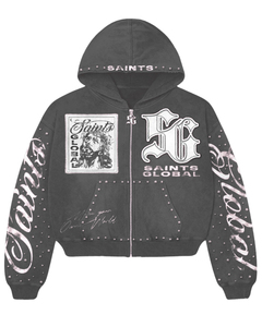 Sweat à capuche streetwear avec broderie appliquée, effet vintage délavé et usé, 100% coton, coupe ample pour l'hiver - Product Image 1