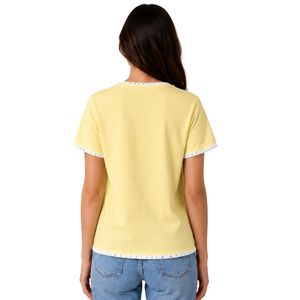 Camiseta de Mujer con Bordado Floral Amarillo Limón, Ribete Blanco en Contraste, Cuello Redondo, Manga Corta, Estilo Casual, OEM, ODM, Personalizable - Product Image 2