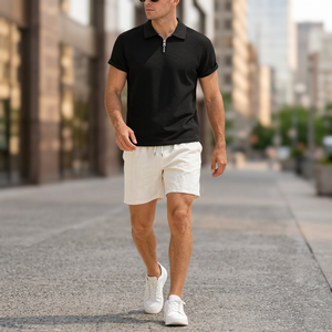 Men's Black Polo Shirt And White Shorts Set Breathable Knitted Casual Summer Sportswear - Product Image 1