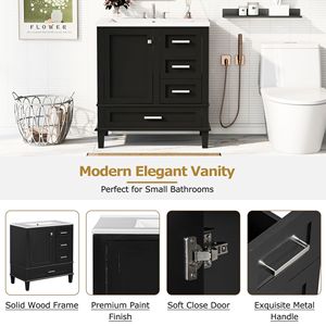Mobile Bagno Moderno da 30 Pollici con Chiusura Ammortizzata, Armadietto Contenitore e Lavabo Integrato con 3 Cassetti - Stile Urbano - Product Image 4