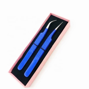 Shin Silver Tip And Dark Blue Powder Coated Color With Fiber Tip Eyelash Tweezer Diamond Grip Stainless Steel / Card <b>Box</b> Packing - Product Image 3