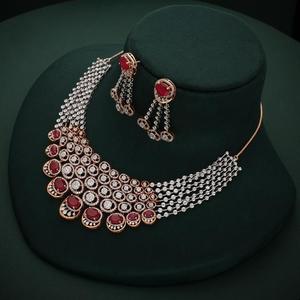 Ensemble de collier en or rose massif 18 carats de luxe avec diamants et boucles d'oreilles en pierres précieuses rouges, cadeau tendance, bijoux de mariage unisexe - Product Image 3