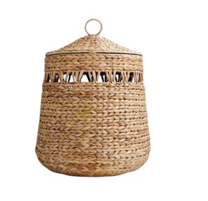 <b>Large</b> Boho Water Hyacinth Blanket <b>Basket</b> Woven Openwork <b>Storage</b> Hamper with Lid Decorative Living Room Bin - Product Image 1