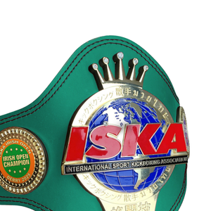 Cinturón de Campeonato ISKA con Emblema Dorado y Plateado, Cinturón de Título de Cuero Verde de Primera Calidad para Kickboxing y Deportes - Product Image 3