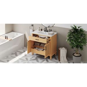 Mobile bagno moderno in rattan da 36 pollici con lavabo in ceramica, ante e cassetti a chiusura ammortizzata, e rivestimento per vasca autoportante - Product Image 6